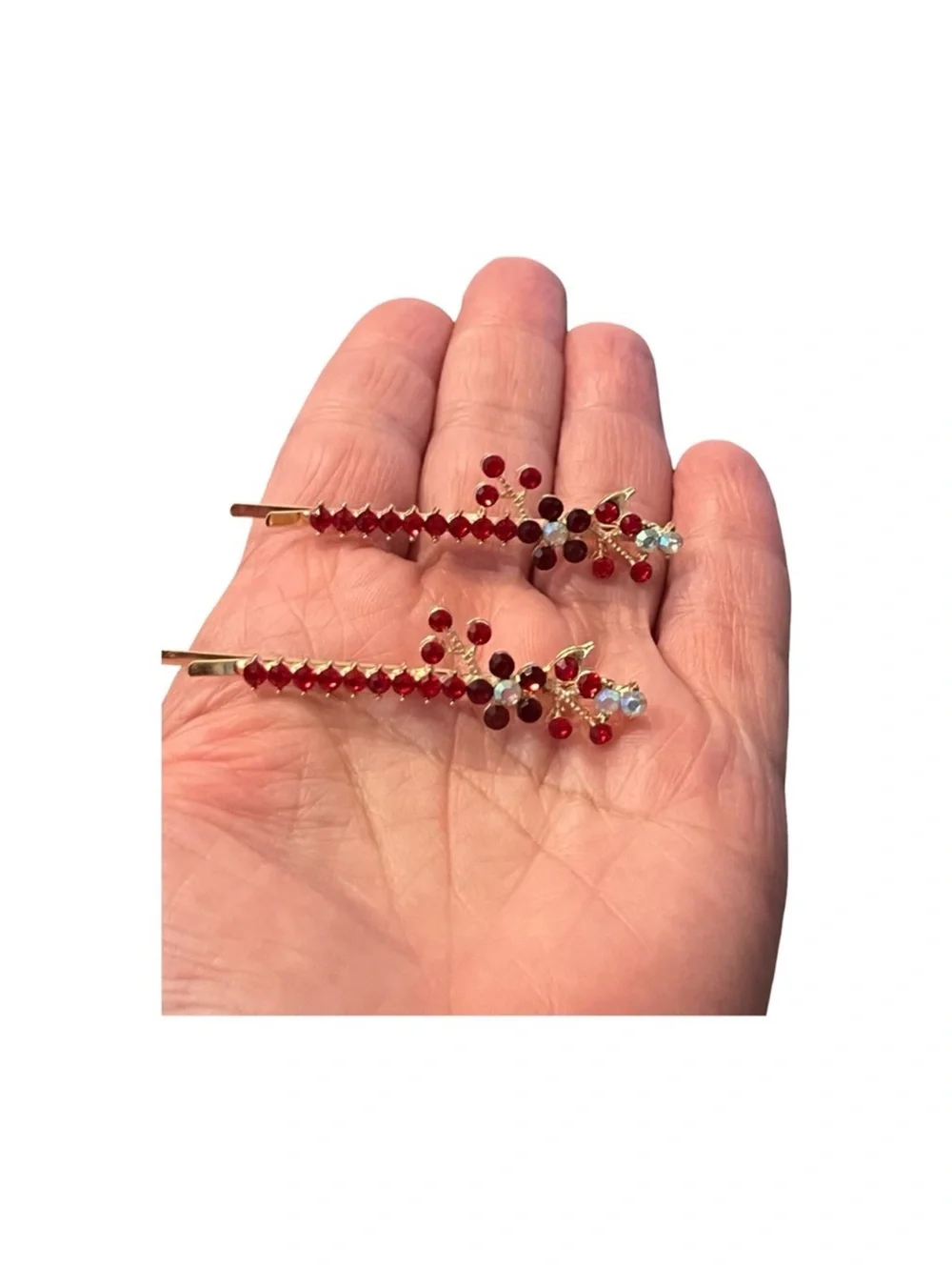 Elegant Red Floral Crystal Rhinestone Gold Hair Clips 2.5”FINAL PRICE DROP